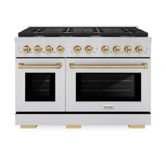 ZLINE Autograph Edition 48 in. 6.7 cu. ft. Paramount Double Oven Dual Fuel Range with 8 Burner Gas Cooktop in Stainless Steel and Champagne Bronze Accents