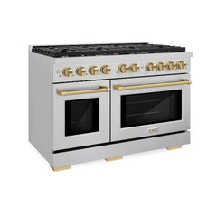 ZLINE Autograph Edition 48 in. 6.7 cu. ft. Paramount Double Oven Dual Fuel Range with 8 Burner Gas Cooktop in Stainless Steel and Champagne Bronze Accents