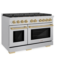 ZLINE Autograph Edition 48 in. 6.7 cu. ft. Paramount Double Oven Dual Fuel Range with 8 Burner Gas Cooktop in Stainless Steel and Champagne Bronze Accents
