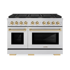 ZLINE Autograph Edition 48 in. 6.7 cu. ft. Paramount Double Oven Dual Fuel Range with 8 Burner Gas Cooktop in Stainless Steel and Polished Gold Accents