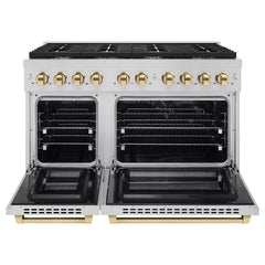 ZLINE Autograph Edition 48 in. 6.7 cu. ft. Paramount Double Oven Dual Fuel Range with 8 Burner Gas Cooktop in Stainless Steel and Polished Gold Accents
