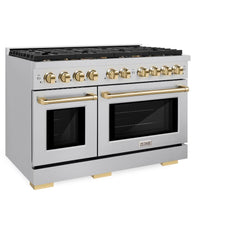 ZLINE Autograph Edition 48 in. 6.7 cu. ft. Paramount Double Oven Dual Fuel Range with 8 Burner Gas Cooktop in Stainless Steel and Polished Gold Accents