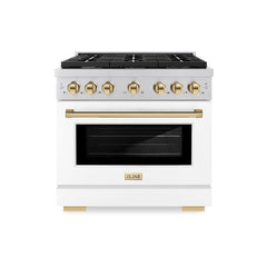 ZLINE Autograph Edition 36 in. 5.2 cu. ft. Paramount Dual Fuel Range with 6 Burner Gas Cooktop and Electric Convection Oven in Stainless Steel with White Matte Door and Polished Gold Accents