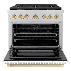 ZLINE Autograph Edition 36 in. 5.2 cu. ft. Paramount Dual Fuel Range with 6 Burner Gas Cooktop and Electric Convection Oven in Stainless Steel with White Matte Door and Polished Gold Accents