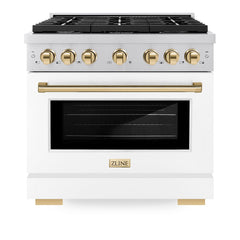 ZLINE Autograph Edition 36 in. 5.2 cu. ft. Paramount Dual Fuel Range with 6 Burner Gas Cooktop and Electric Convection Oven in Stainless Steel with White Matte Door and Polished Gold Accents