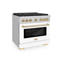 ZLINE Autograph Edition 36 in. 5.2 cu. ft. Paramount Dual Fuel Range with 6 Burner Gas Cooktop and Electric Convection Oven in Stainless Steel with White Matte Door and Polished Gold Accents