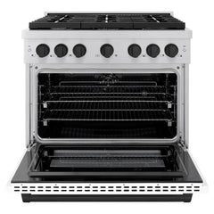 ZLINE Autograph Edition 36 in. 5.2 cu. ft. Paramount Dual Fuel Range with 6 Burner Gas Cooktop and Electric Convection Oven in Stainless Steel with White Matte Door and Matte Black Accents