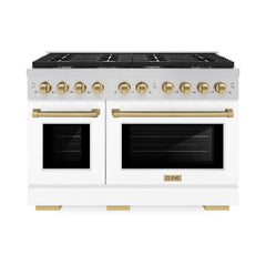 ZLINE Autograph Edition 48 in. 6.7 cu. ft. Paramount Double Oven Dual Fuel Range with 8 Burner Gas Cooktop in Stainless Steel with White Matte Doors and Champagne Bronze Accents