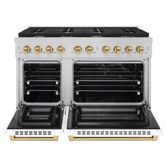 ZLINE Autograph Edition 48 in. 6.7 cu. ft. Paramount Double Oven Dual Fuel Range with 8 Burner Gas Cooktop in Stainless Steel with White Matte Doors and Champagne Bronze Accents