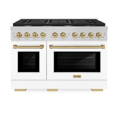 ZLINE Autograph Edition 48 in. 6.7 cu. ft. Paramount Double Oven Dual Fuel Range with 8 Burner Gas Cooktop in Stainless Steel with White Matte Doors and Champagne Bronze Accents