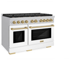 ZLINE Autograph Edition 48 in. 6.7 cu. ft. Paramount Double Oven Dual Fuel Range with 8 Burner Gas Cooktop in Stainless Steel with White Matte Doors and Champagne Bronze Accents