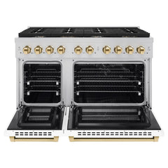 ZLINE Autograph Edition 48 in. 6.7 cu. ft. Paramount Double Oven Dual Fuel Range with 8 Burner Gas Cooktop in Stainless Steel with White Matte Doors and Polished Gold Accents