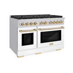 ZLINE Autograph Edition 48 in. 6.7 cu. ft. Paramount Double Oven Dual Fuel Range with 8 Burner Gas Cooktop in Stainless Steel with White Matte Doors and Polished Gold Accents