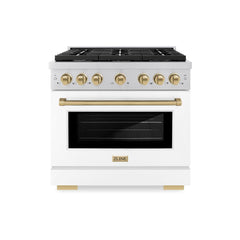 ZLINE Autograph Edition 36 in. 5.2 cu. ft. Paramount Dual Fuel Range with 6 Burner Gas Cooktop and Electric Convection Oven in Stainless Steel with White Matte Door and Champagne Bronze Accents