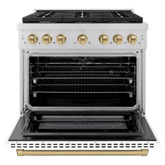 ZLINE Autograph Edition 36 in. 5.2 cu. ft. Paramount Dual Fuel Range with 6 Burner Gas Cooktop and Electric Convection Oven in Stainless Steel with White Matte Door and Champagne Bronze Accents