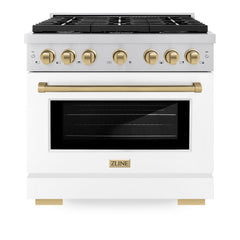 ZLINE Autograph Edition 36 in. 5.2 cu. ft. Paramount Dual Fuel Range with 6 Burner Gas Cooktop and Electric Convection Oven in Stainless Steel with White Matte Door and Champagne Bronze Accents