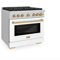 ZLINE Autograph Edition 36 in. 5.2 cu. ft. Paramount Dual Fuel Range with 6 Burner Gas Cooktop and Electric Convection Oven in Stainless Steel with White Matte Door and Champagne Bronze Accents