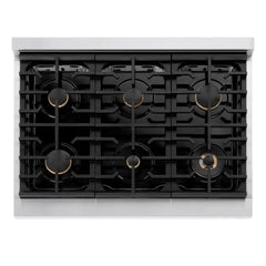 ZLINE Autograph Edition 36 in. 5.2 cu. ft. Paramount Dual Fuel Range with 6 Burner Gas Cooktop and Electric Convection Oven in Stainless Steel with White Matte Door and Champagne Bronze Accents