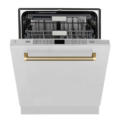 ZLINE Autograph Edition 24 in. Monument Series 3rd Rack Top Touch Control Tall Tub Dishwasher in Stainless Steel, Nickel Helix Handle, 45dBa - DWMTZ-30424-K