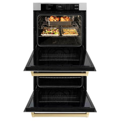 ZLINE Autograph Edition 30 in. Professional True Convection Double Wall Oven with Air Fry and Self Clean in Stainless Steel with Champagne Bronze Handles - WADZ-30-CB - The Home Selection