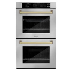 ZLINE Autograph Edition 30 in. Professional True Convection Double Wall Oven with Air Fry and Self Clean in Stainless Steel with Champagne Bronze Handles - WADZ-30-CB - The Home Selection
