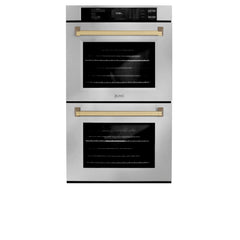 ZLINE Autograph Edition 30 in. Professional True Convection Double Wall Oven with Air Fry and Self Clean in Stainless Steel with Champagne Bronze Handles - WADZ-30-CB - The Home Selection