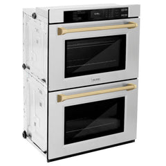 ZLINE Autograph Edition 30 in. Professional True Convection Double Wall Oven with Air Fry and Self Clean in Stainless Steel with Champagne Bronze Handles - WADZ-30-CB - The Home Selection