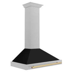 ZLINE Autograph Edition 36 in. Convertible Satin Stainless Steel Wall Mount Range Hood with Black Matte Shell and Champagne Bronze Handle - KB4SNZ-BLM36-CB - The Home Selection