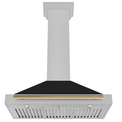 ZLINE Autograph Edition 36 in. Convertible Satin Stainless Steel Wall Mount Range Hood with Black Matte Shell and Polished Gold Handle - KB4SNZ-BLM36-G - The Home Selection