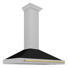 ZLINE Autograph Edition 48 in. Convertible Satin Stainless Steel Wall Mount Range Hood with Black Matte Shell and Polished Gold Handle - KB4SNZ-BLM48-G - The Home Selection
