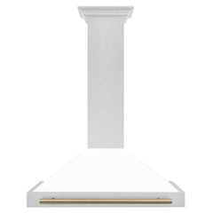 ZLINE Autograph Edition 36 in. Convertible Satin Stainless Steel Wall Mount Range Hood with White Matte Shell and Champagne Bronze Handle - KB4SNZ-WM36-CB - The Home Selection