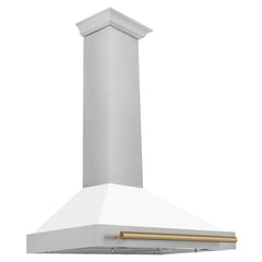 ZLINE Autograph Edition 36 in. Convertible Satin Stainless Steel Wall Mount Range Hood with White Matte Shell and Champagne Bronze Handle - KB4SNZ-WM36-CB - The Home Selection