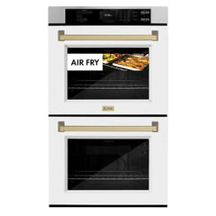 ZLINE Autograph Edition 30 in. Professional True Convection Double Wall Oven with Air Fry and Self Clean in Stainless Steel with White Matte Doors and Champagne Bronze Handles - WADZ-WM-30-CB - The Home Selection