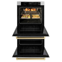 ZLINE Autograph Edition 30 in. Professional True Convection Double Wall Oven with Air Fry and Self Clean in Stainless Steel with White Matte Doors and Champagne Bronze Handles - WADZ-WM-30-CB - The Home Selection