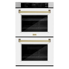 ZLINE Autograph Edition 30 in. Professional True Convection Double Wall Oven with Air Fry and Self Clean in Stainless Steel with White Matte Doors and Champagne Bronze Handles - WADZ-WM-30-CB - The Home Selection