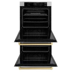 ZLINE Autograph Edition 30 in. Professional True Convection Double Wall Oven with Air Fry and Self Clean in Stainless Steel with White Matte Doors and Champagne Bronze Handles - WADZ-WM-30-CB - The Home Selection