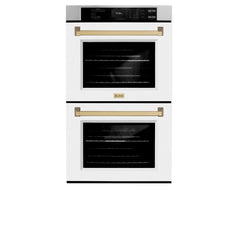 ZLINE Autograph Edition 30 in. Professional True Convection Double Wall Oven with Air Fry and Self Clean in Stainless Steel with White Matte Doors and Champagne Bronze Handles - WADZ-WM-30-CB - The Home Selection