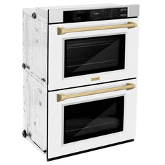 ZLINE Autograph Edition 30 in. Professional True Convection Double Wall Oven with Air Fry and Self Clean in Stainless Steel with White Matte Doors and Champagne Bronze Handles - WADZ-WM-30-CB - The Home Selection