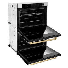 ZLINE Autograph Edition 30 in. Professional True Convection Double Wall Oven with Air Fry and Self Clean in Stainless Steel with White Matte Doors and Champagne Bronze Handles - WADZ-WM-30-CB - The Home Selection
