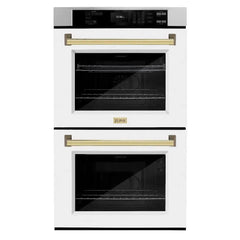 ZLINE Autograph Edition 30 in. Professional True Convection Double Wall Oven with Air Fry and Self Clean in Stainless Steel with White Matte Doors and Polished Gold Handles - WADZ-WM-30-G - The Home Selection