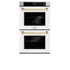 ZLINE Autograph Edition 30 in. Professional True Convection Double Wall Oven with Air Fry and Self Clean in Stainless Steel with White Matte Doors and Polished Gold Handles - WADZ-WM-30-G - The Home Selection