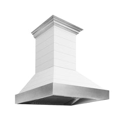 ZLINE 30 in. Wooden Wall Mount Range Hood in Rustic Shiplap Bright White Finish with Stainless Steel Accents - 365WW-30 - The Home Selection
