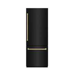 ZLINE Autograph Edition 30 in. 16.1 cu. ft. Built-In Bottom Freezer Refrigerator with Water Dispenser and Ice Maker in Black Stainless Steel with Graphite Gray Interior and Champagne Bronze Accents - GRBIVZ-BS-30-CB - The Home Selection
