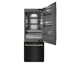ZLINE Autograph Edition 30 in. 16.1 cu. ft. Built-In Bottom Freezer Refrigerator with Water Dispenser and Ice Maker in Black Stainless Steel with Graphite Gray Interior and Champagne Bronze Accents - GRBIVZ-BS-30-CB - The Home Selection