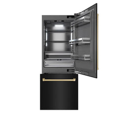 ZLINE Autograph Edition 30 in. 16.1 cu. ft. Built-In Bottom Freezer Refrigerator with Water Dispenser and Ice Maker in Black Stainless Steel with Graphite Gray Interior and Champagne Bronze Accents - GRBIVZ-BS-30-CB - The Home Selection