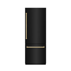 ZLINE Autograph Edition 30 in. 16.1 cu. ft. Built-In Bottom Freezer Refrigerator with Water Dispenser and Ice Maker in Black Stainless Steel with Graphite Gray Interior and Polished Gold Accents - GRBIVZ-BS-30-G - The Home Selection