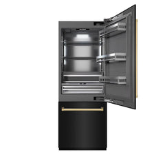 ZLINE Autograph Edition 30 in. 16.1 cu. ft. Built-In Bottom Freezer Refrigerator with Water Dispenser and Ice Maker in Black Stainless Steel with Graphite Gray Interior and Polished Gold Accents - GRBIVZ-BS-30-G - The Home Selection