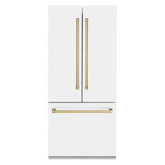ZLINE 36-Inch Autograph Edition 19.6 cu. ft. Built-in 2-Door Bottom Freezer Refrigerator with Internal Water and Ice Dispenser in White Matte with Champagne Bronze Accents (RBIVZ-WM-36-CB)