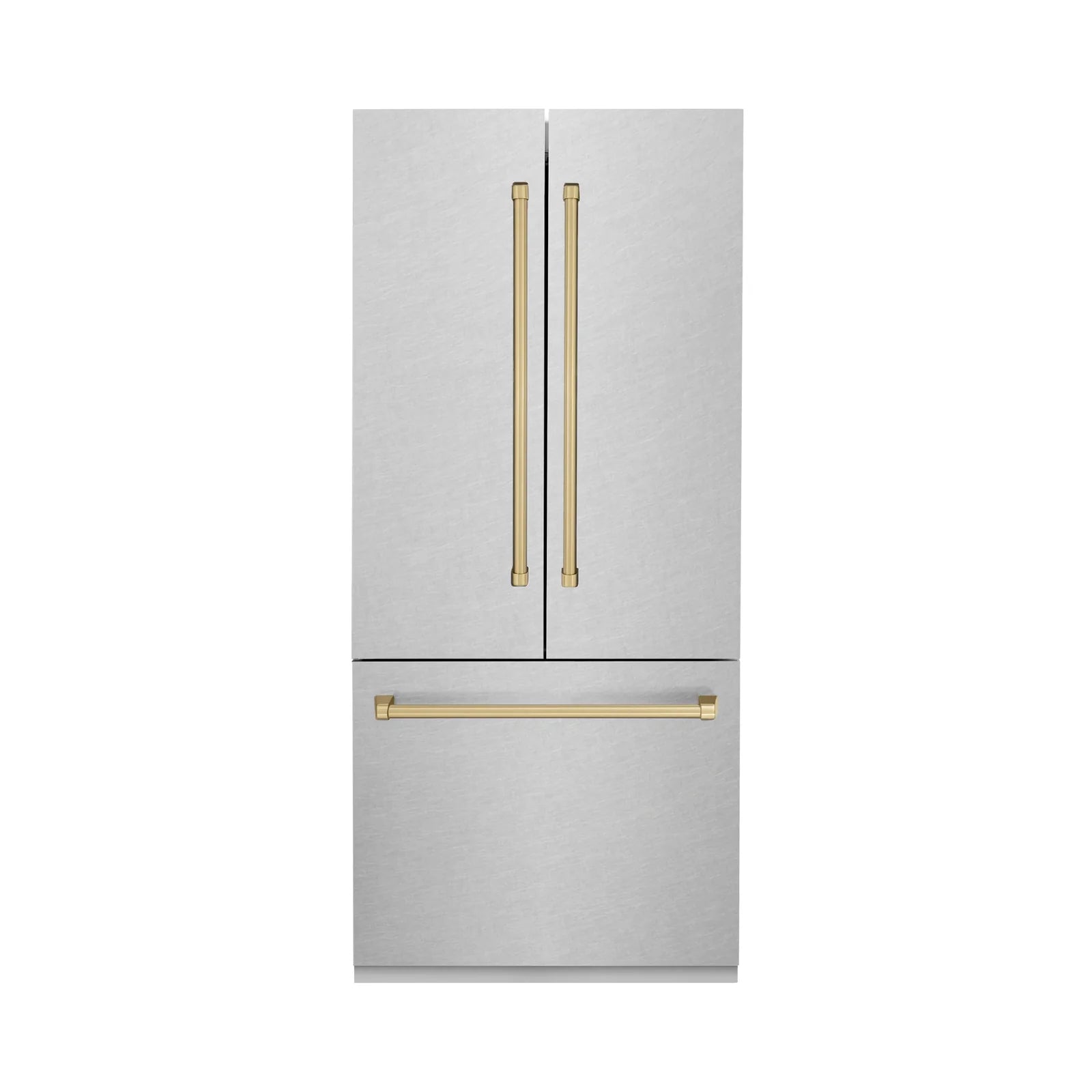 ZLINE 36-Inch Autograph Edition 19.6 cu. ft. Built-in 2-Door Bottom Freezer Refrigerator with Internal Water and Ice Dispenser in DuraSnow Stainless Steel with Champagne Bronze Accents (RBIVZ-SN-36-CB)