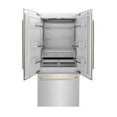 ZLINE 36-Inch Autograph Edition 19.6 cu. ft. Built-in 2-Door Bottom Freezer Refrigerator with Internal Water and Ice Dispenser in DuraSnow Stainless Steel with Champagne Bronze Accents (RBIVZ-SN-36-CB)